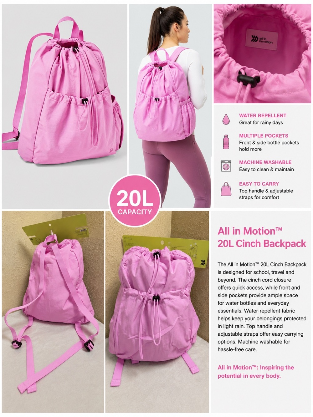 All in Motion Pink Drawstring Cinch Backpack